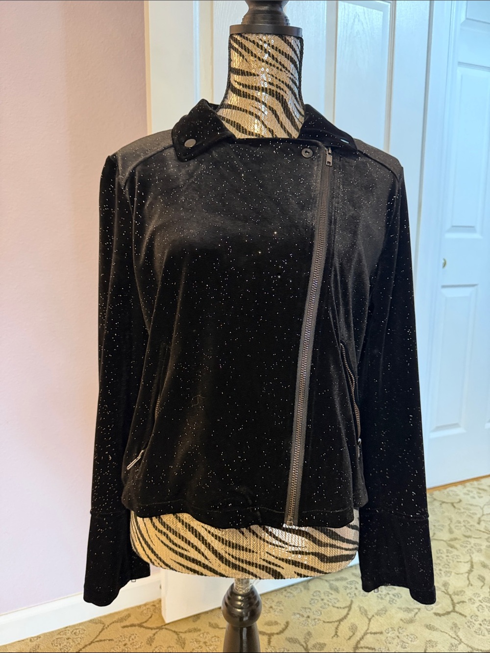Women's Black Sparkle Velvet Bomber Jacket with Asymmetric Zip